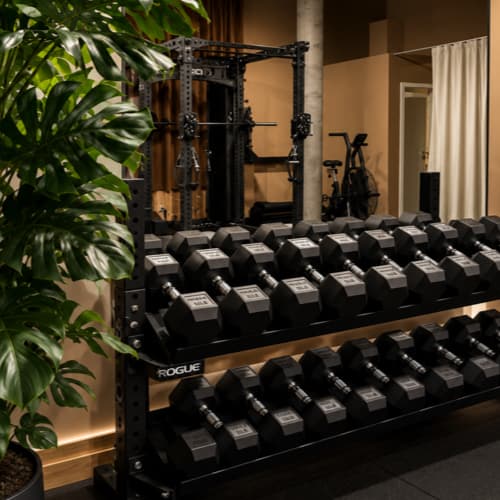 Free weights and mirrored wall inside the SHIO training room